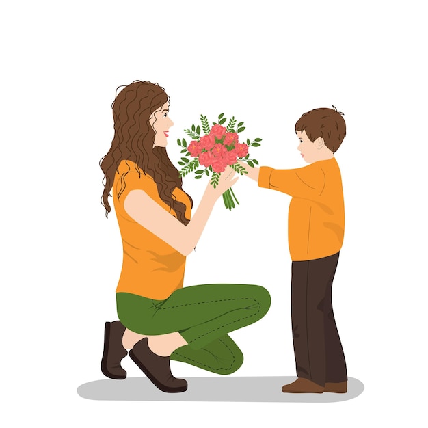 Le fils donne des fleurs à la mère