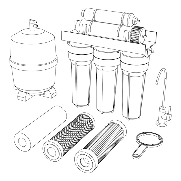 Vecteur filtre à eau de boisson de contour vectoriel, système domestique d'osmose inverse