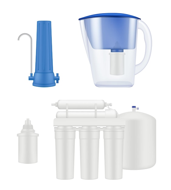 Filtre à eau. Systèmes de filtration de liquide de purification d'eau de traitement de cuisine vecteur modèle réaliste. Illustration équipement de refroidisseur d'eau aqua pour la purification
