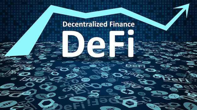 Finance Décentralisée Defi Avec Logos Altcoin Et Symbole De Flèche Vers Le Haut Sur Fond Bleu Foncé Signes Des Plus Grands Projets Du Secteur Defi Vignettage Image Vectorielle Eps10