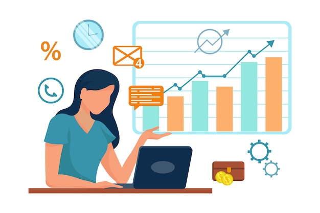 Financière femme expert financier avec ordinateur portable de plus en plus graphique et icônes d'affaires