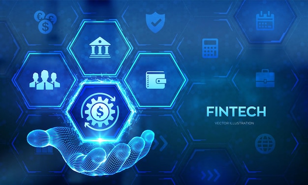 Fintech Technologie financière banque en ligne et icône de financement participatif dans la main filaire Concept de technologie de paiement bancaire d'investissement commercial sur écran virtuel Illustration vectorielle