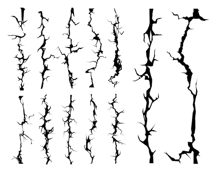 Vecteur les fissures des murs brisés fendent et crépitent des effets vectoriels harmonieux pour l'arrière-plan les fractures des murs brisés et les fissures du tremblement de terre divisent les fissures au sol et les craquements de la destruction du béton ou des dommages fissurés