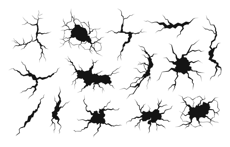 Vecteur fissures sèches noires mur fendu ou sol surface de crash fissuré éléments de paysage désertique isolé dommages causés par le tremblement de terre texture fissure sol racé ensemble vectoriel de fissures fendues sur l'illustration de la surface