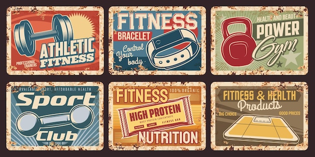 Vecteur fitness club sport nutrition et gym tin sign