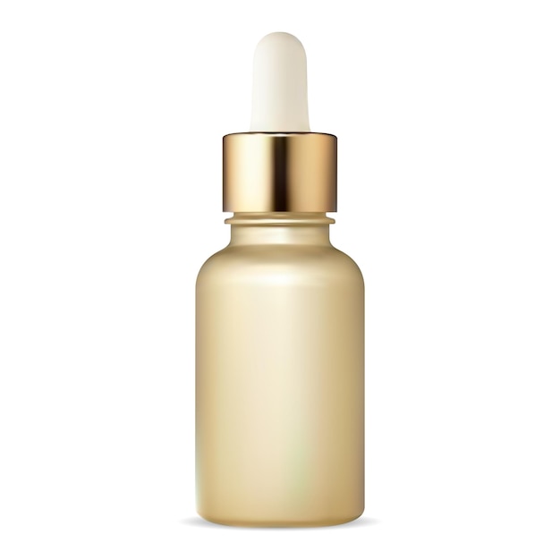 Flacon compte-gouttes cosmétique. Flacon de sérum avec marionnette. L'humidité du collagène de la peau du visage peut. Flacon doré pour la conception d'huiles essentielles premium, l'aromathérapie ou le modèle vierge