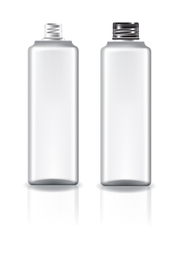 Vecteur flacon cosmétique carré blanc avec couvercle à vis noir.