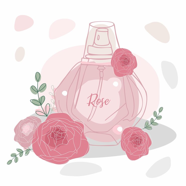 Vecteur flacon de parfum rose avec des roses roses.