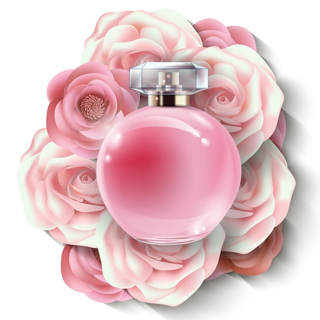 Flacon Rose De Parfum Pour Femme Avec De Belles Fleurs En Papier. Fond De Beauté Et De Cosmétiques. Utilisation Pour Dépliant Publicitaire, Bannière, Dépliant. Modèle Vector.vector