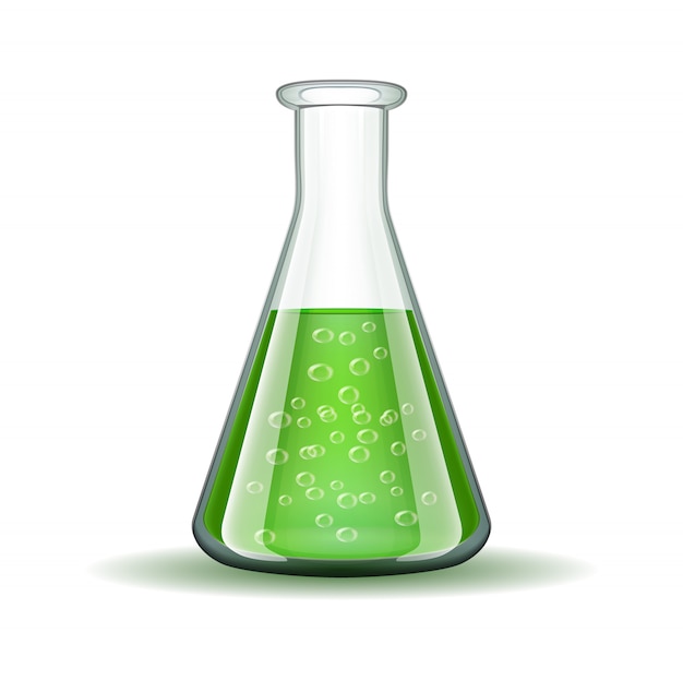 Flacon transparent de laboratoire de chimie avec liquide vert