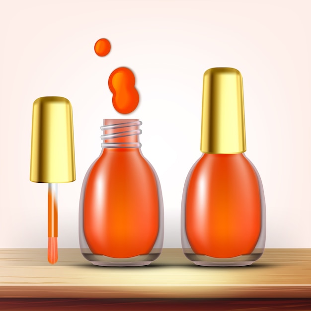 Vecteur flacon de vernis à ongles orange femelle cosmétique