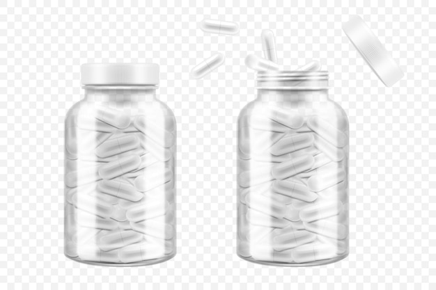 Vecteur flacons de médicaments avec capsules isolés sur fond blanc. maquette vectorielle réaliste de récipient transparent en verre ou en plastique avec couvercle blanc ouvert et fermé. pots 3d avec des médicaments, pilule