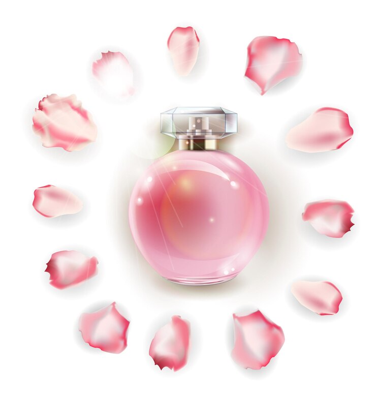 Vecteur flacons de parfum et fleur rose, pétales et perles. illustration 3d. modèle vectoriel