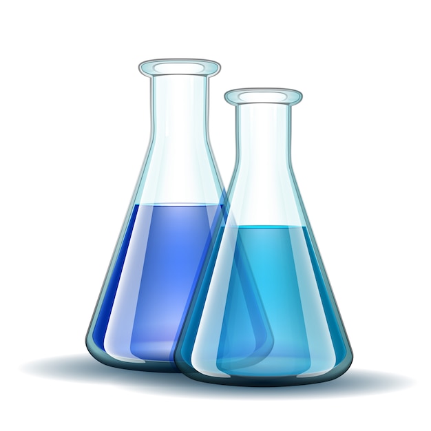 Flacons transparents de laboratoire de chimie avec un liquide bleu.