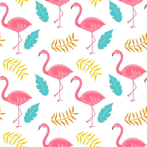 Flamant rose avec des feuilles tropicales