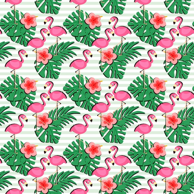 Flamant rose et motif de feuilles tropicales