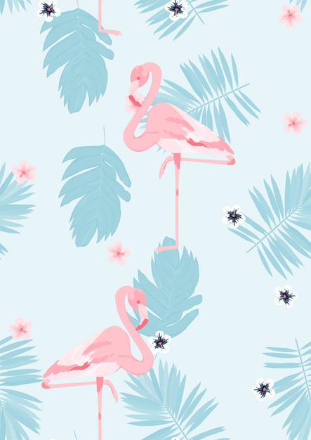 Flamant Rose Avec Motif Floral Sans Soudure De Feuilles Tropicales.