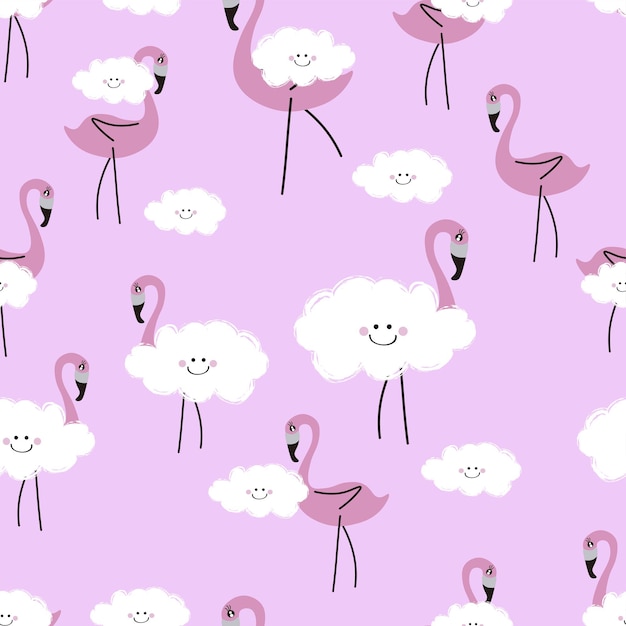 Flamants roses dans le motif de dessin animé pour enfants Cloud Seamless