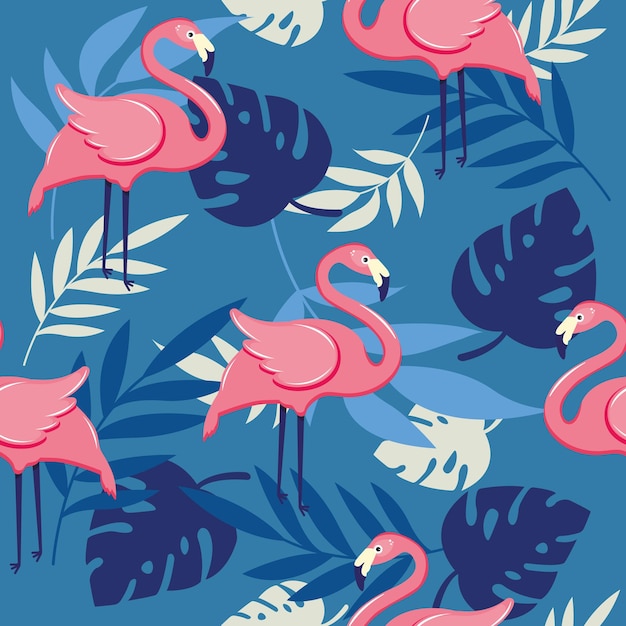 Flamants roses sur fond bleu avec des feuilles tropicales.