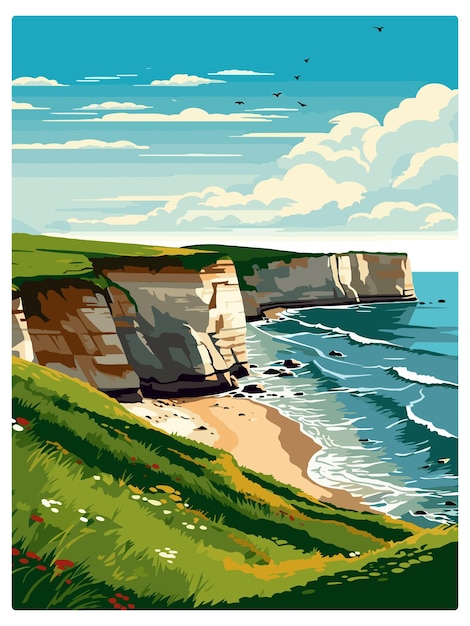 Vecteur flamborough head angleterre affiche de voyage vintage souvenir carte postale portrait peinture wpa illustration