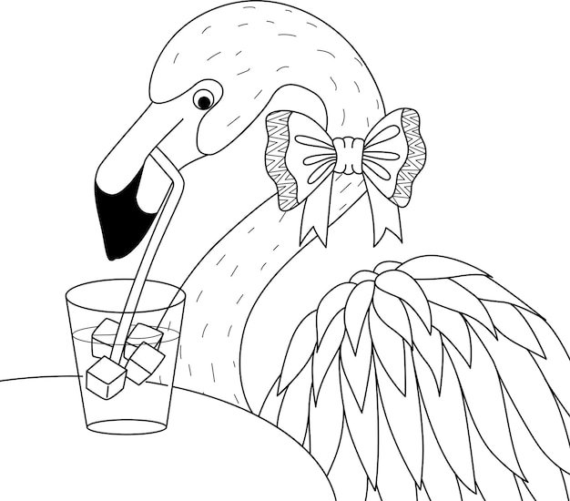 Flamingo buvant un verre à cocktail sur les arbres pour cahier de coloriage, coloriage. illustration