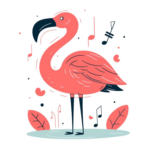Vecteur flamingo avec des notes de musique illustration vectorielle en style plat