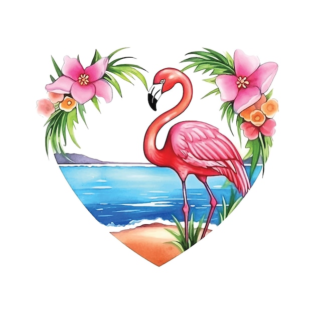 Flamingo et vue sur la plage à l'intérieur de la forme de coeur entouré d'ilustration aquarelle de fleurs