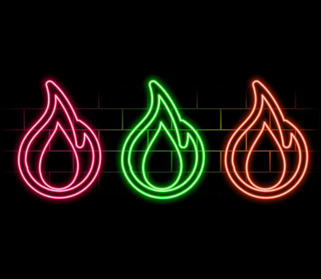 Flamme au néon de différentes couleurs Feu dans le style néon Signe au néon Lignes lumineuses sur un fond sombre