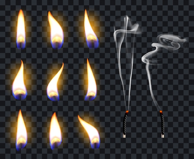 Flammes de bougie réalistes. Flamme de feu aux chandelles, bougies brûlent à chaud. Feu transparent illumine le jeu de symboles d'illustration de flammes. Lumière chaude rougeoyante, mèche lumineuse brûlante