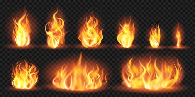 Flammes réalistes. Brûler des flammes de feu de forêt rouge, des poussées enflammées de flammes, brûler l'ensemble d'illustrations de silhouette de feu de joie. Rouge ardent, feu de forêt, brûler la flamme