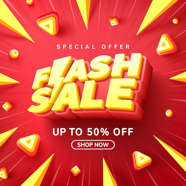 Flash Sale Shopping day Affiche ou bannière avec texte 3D sur fond rouge