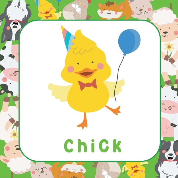 Flashcard mignon de ferme animale. Cartes de jeu imprimables éducatives. Illustration vectorielle.
