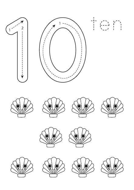 Flashcard Numéro 10 Feuille De Travail Préscolaire Coquillages Noirs Et Blancs