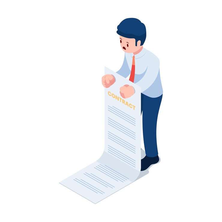 Vecteur flat 3d isometric businessman hands locked by contract document business obligations and unfair contract concept