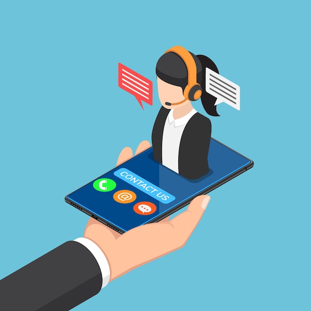Flat 3d isométrique businessman hand holding smartphone avec icône de centre d'appels féminin. Concept de support de service client.