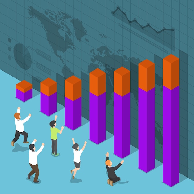 Flat 3d Isométrique Happy Business People Célébrant Le Succès Devant Le Graphique De Croissance, Concept De Réussite Commerciale