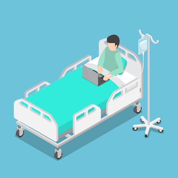 Vecteur flat 3d isométrique homme d'affaires travaillant sur un lit d'hôpital avec une solution saline sur la main des patients, travailler dur et workaholic concept