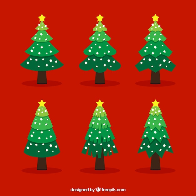 Flat arbres de Noël avec des étoiles jaunes