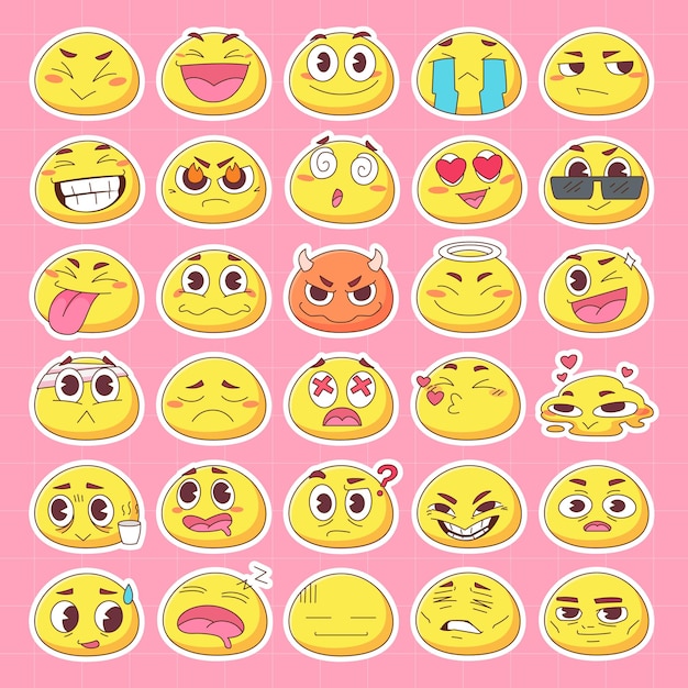 Flat Cute Retro Vintage Psychedelic Emoji Flower Sticker Set Bundle Collections Avec Le Style Des Années 90