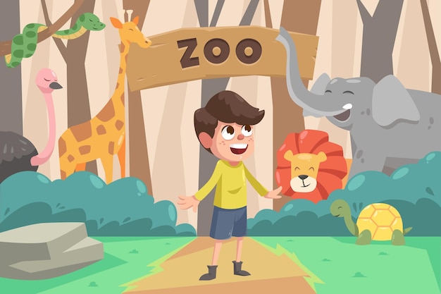 Flat Happy Childern Illustration Au Zoo Avec Des Animaux