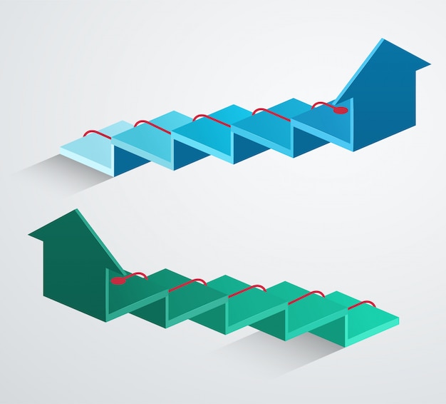 Vecteur flèche 3d avec pointeur ascendant rouge. structure de croissance de l'entreprise bleue et verte