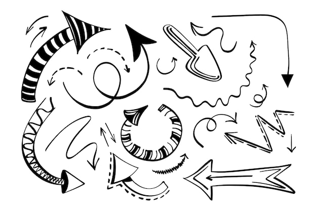 Flèche Définie Illustration Vectorielle Doodle. Collection Dessinée à La Main De Flèches De Direction Isolées Sur Blanc