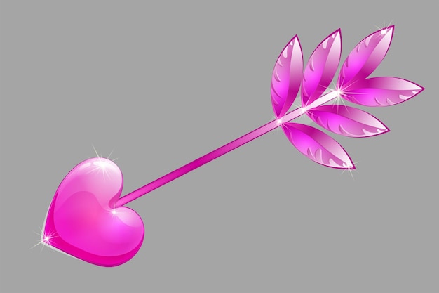 Flèche de dessin animé rose cupidon avec coeur isolé sur fond gris
