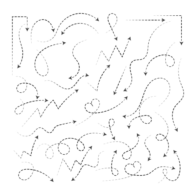 Vecteur flèche dessinée à la main, direction de forme différente, ligne noire définie, chemin de courbe de croquis de sélection