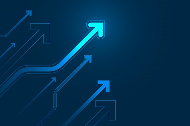 Flèche légère vers le haut du circuit sur fond bleu foncé avec illustration de copie espace copie, concept de croissance d'entreprise.