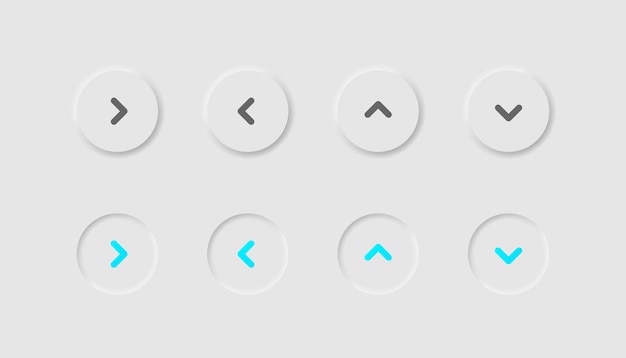 Flèche de navigation dans le style neumorphisme Icônes pour les entreprises blanches UI UX Symbole de flèche suivante Haut bas droite gauche ok plus vers l'avant Style neumorphique Illustration vectorielle