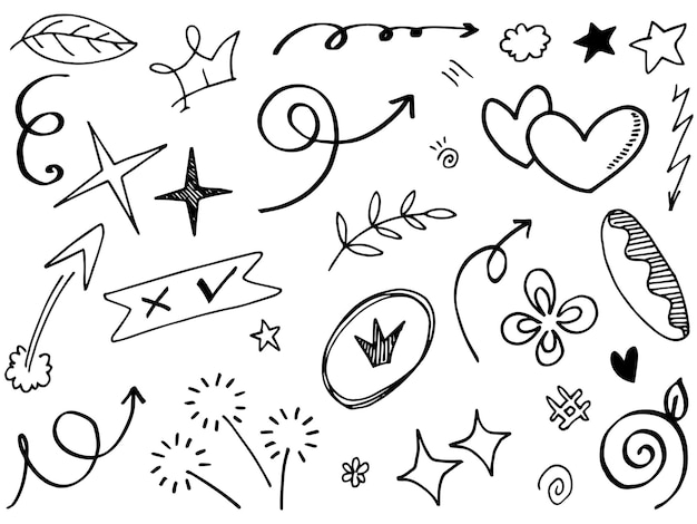 Flèches abstraites rubans coeurs étoiles couronnes et autres éléments dans un style dessiné à la main pour les conceptions conceptuelles Illustration Scribble Illustration vectorielle