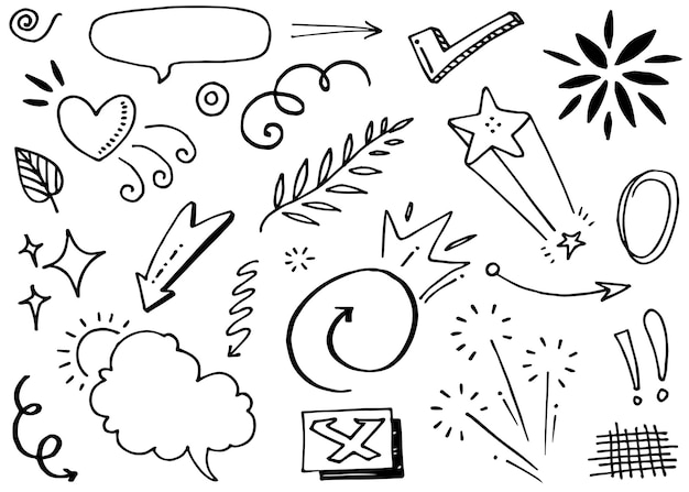 Vecteur flèches abstraites rubans couronnes coeurs explosions et autres éléments dans un style dessiné à la main pour la conception de concept doodle illustration modèle vectoriel pour la décoration