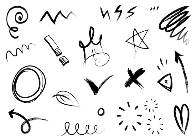 Flèches abstraites rubans couronnes coeurs explosions et autres éléments dans un style dessiné à la main pour la conception de concept Doodle illustration Modèle vectoriel pour la décoration