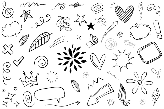 Flèches Abstraites Rubans Couronnes Coeurs Explosions Et Autres éléments Dans Un Style Dessiné à La Main Pour La Conception De Concept Doodle Illustration Modèle Vectoriel Pour La Décoration